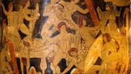 slaughter of the suitors by Odysseus, Telemachus and Eumeus (right).