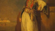 Portrait (ca. 1830) of Lord Byron (1788-1824), dressed in Greek costume and with the Acropolis of At